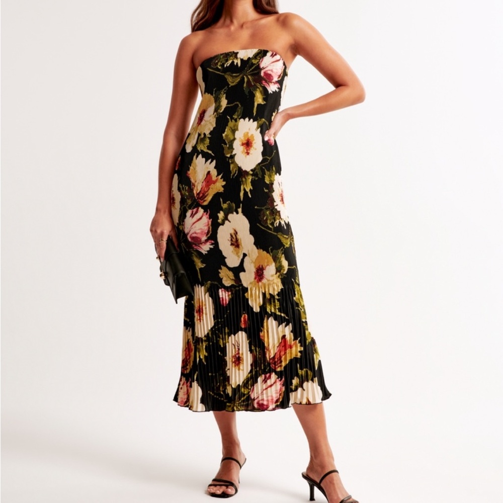 Abercrombie & Fitch Black Floral Strapless Midi Dress